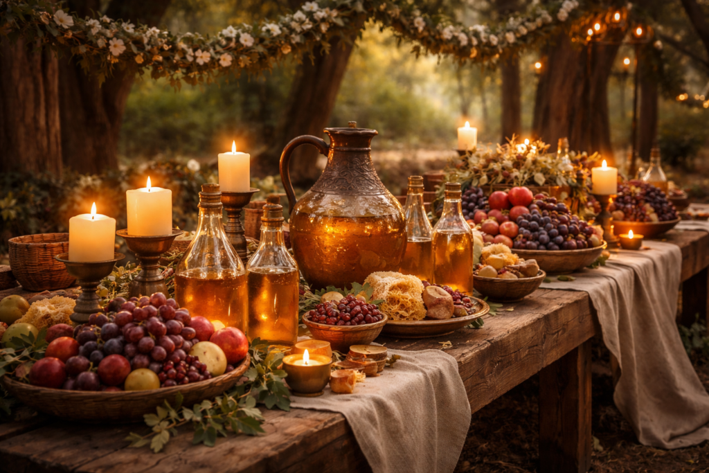 Banquete com frutas e hidromel de festa de casamento na antiguidade