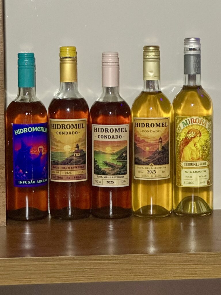 5 garrafas de hidromel artesanal marca Condado com líquido de diferentes cores