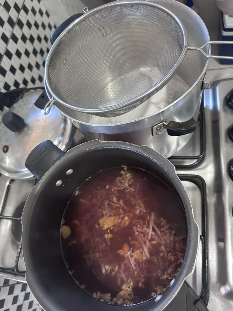 Infusão de gengibre com hibisco sendo preparada em panela durante processo de fermentação da gengibirra