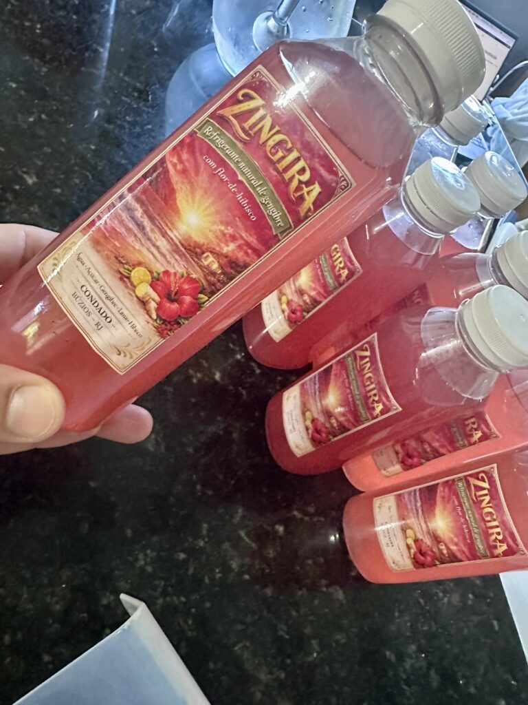 Garrafinhas de Zingira, o refrigerante natural caseiro feito em casa com gengibre, limão, açúcar e flor-de-hibisco